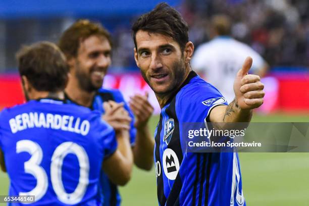 Midfielder Ignacio Piatti celebrating his goal, making the score 2-0 during the Seattle Sounders FC versus the Montreal Impact game on March 11 at...