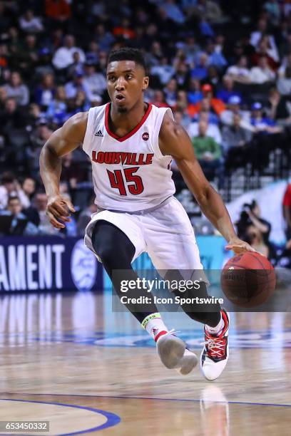 Louisville Cardinals guard Donovan Mitchell during the first half of the 2017 New York Life ACC Tournament quarterfinal round game between the...