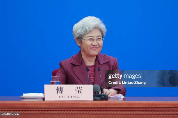 National People's Congress spokeswoman Fu Ying hosts the Premier Li Keqiang's press conference for the Fifth Session of the 12th National People's...