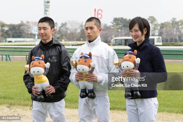 New JRA jockeys Kazuki Kikuzawa,Takuya Kowata and Nanako Fujita meet the media at Nakayama Racecourse on March 5, 2016 in Funabashi, Chiba, Japan....