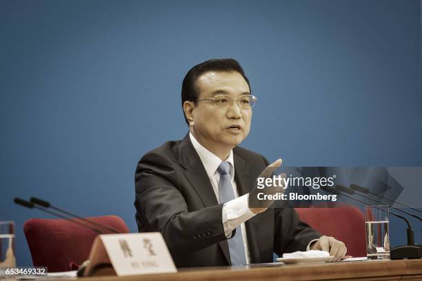 Li Keqiang, China's premier, speaks during a news conference after the close of the National People's Congress in Beijing, China, on Wednesday, March...