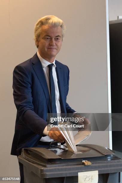 Geert Wilders, the leader of the right-wing Party for Freedom , casts his vote during the Dutch general election, on March 15, 2017 in The Hague,...