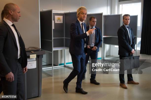 Geert Wilders, the leader of the right-wing Party for Freedom , leaves after casting his vote during the Dutch general election, on March 15, 2017 in...