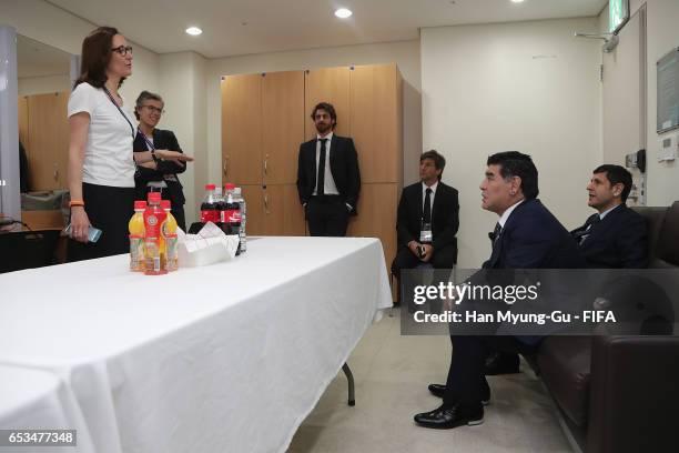 Diego Armando Maradona and Pablo Aimar attend Draw Of FIFA U-20 World Cup Korea Republic 2017 at Suwon SK Artrium on March 15, 2017 in Suwon, South...