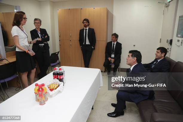 Diego Armando Maradona and Pablo Aimar attend Draw Of FIFA U-20 World Cup Korea Republic 2017 at Suwon SK Artrium on March 15, 2017 in Suwon, South...