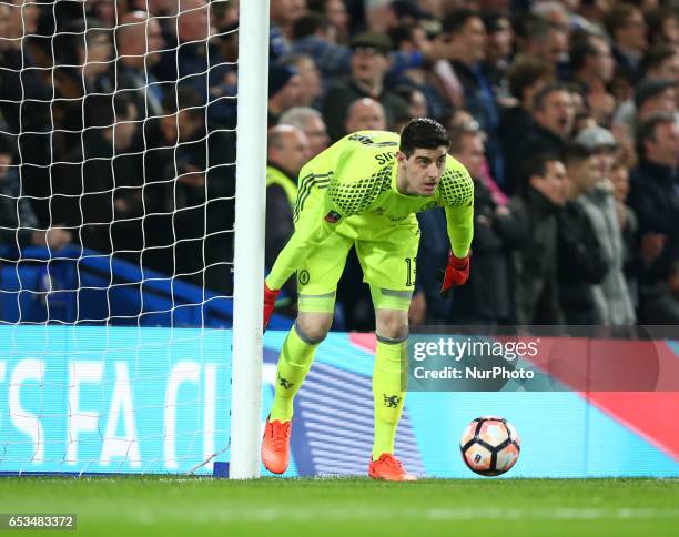 Chelsea's Thibaut Courtois during the The Emirates FA Cup - Sixth Round match between Chelsea and Manchester United at Stamford Bridge, London,...