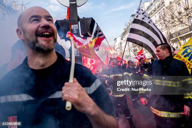 Demonstration of French firefighters against staff reductions in Paris on March 14, 2017.