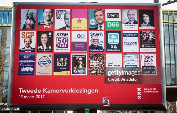 An electoral poster is seen on a billboard during the second Chamber elections outside of the Amsterdam Bijlmer Arena Stadium, in Amsterdam,...