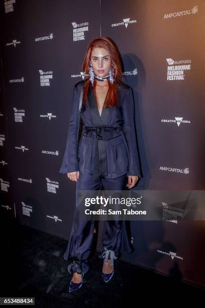 Jamie Ridge arrives ahead of the VAMFF 2017 Premium International Designer Showcase 1: Indonesia runway show on March 15, 2017 in Melbourne,...