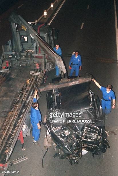 File photo dated 31 August 1997 shows the wreckage of Princess Diana's car in the Alma tunnel of Paris. The father of Princess Diana's dead lover...