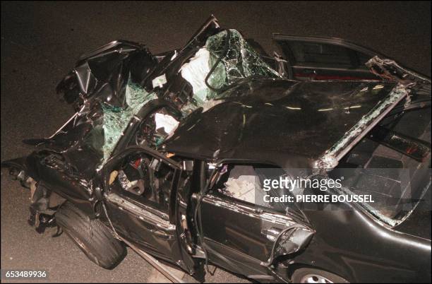 The wreckage of Princess Diana's car 31 August in the Alma tunnel of Paris. Princess Diana died a few hours after the crash at Paris hospital La...