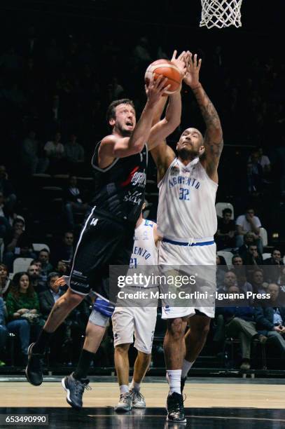 Guido Rosselli of Segafredo competes with Damen Bell Holter of Moncada during the quarter of final match of Coppa Italia of Serie A2 LNP between...