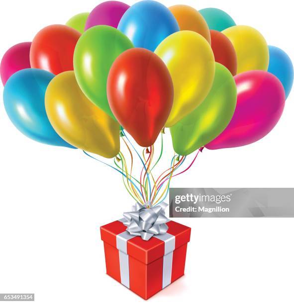 red gift box with colored balloons - balloon string stock illustrations