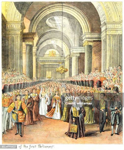 queen victoria's first state opening of parliament - the state opening of parliament in london stock illustrations
