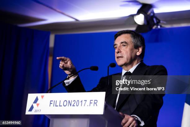 Candidate of Les Republicains right wing Party for the 2017 French Presidential Election Francois Fillon holds a press conference to present 'Mon...