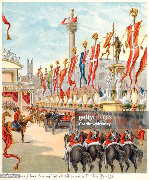 victorian royal procession crossing london bridge - victorian royalty stock illustrations