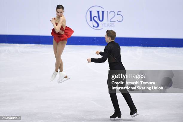 Evelyn Walsh and Trennt Michaud of Canada compete in the Junior Pairs Short Program during the 1st day of the World Junior Figure Skating...