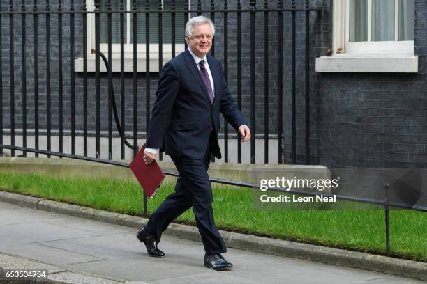 Brexit Secretary David Davis leaves number 10, Downing Street following a meeting on March 15, 2017 in London, England. Mr Davis has stated that the...