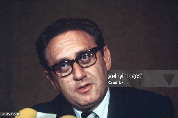 National Security Advisor Henry Kissinger speaks to the press in Paris on January 13, 1973 before the ceasefire agreement in Vietnam war signed on...
