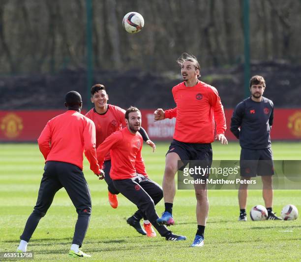 Zlatan Ibrahimovic of Manchester United in action during a first team training session at Aon Training Complex on March 15, 2017 in Manchester,...