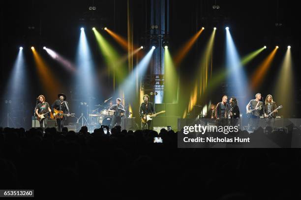 Sting and Joe Sumner perform onstage with The Last Bandoleros during the Sting "57th & 9th" World Tour at Hammerstein Ballroom on March 14, 2017 in...