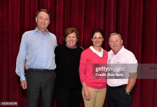 Four of the five members of the 2017 Induction Class, Davis Love III, Meg Mallon, Lorena Ochoa and Ian Woosnam pose for a photo during the Hall of...