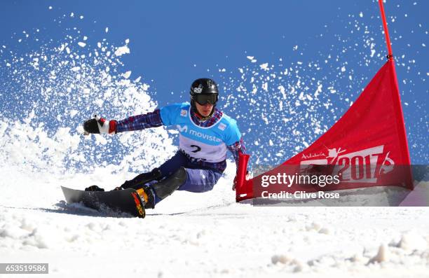 Andrey Sobolev of Russia competes in the qualification of the Men's Parallel Slalom on day eight of the FIS Freestyle Ski and Snowboard World...