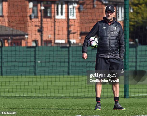 Jurgen Klopp manager of Liverpool during a training session at Melwood Training Ground on March 15, 2017 in Liverpool, England.