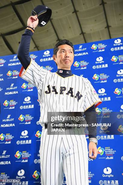 Manager Hiroki Kokubo of Japan applauds during the interview after the World Baseball Classic Pool E Game Six between Israel and Japan at the Tokyo...