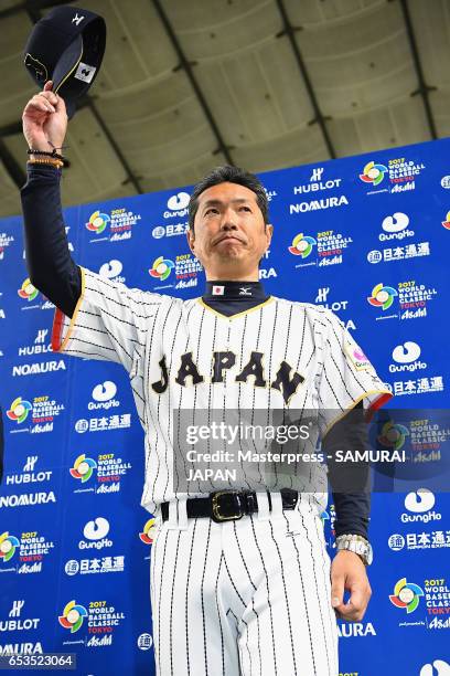 Manager Hiroki Kokubo of Japan applauds during the interview after the World Baseball Classic Pool E Game Six between Israel and Japan at the Tokyo...