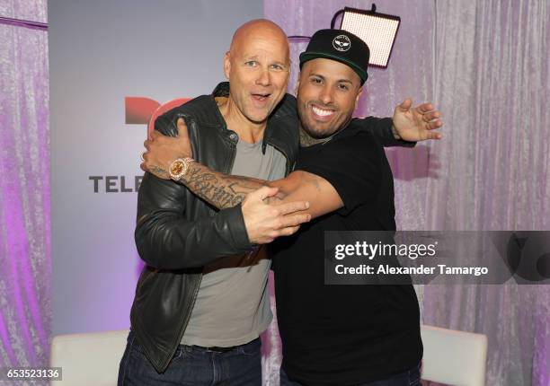 President of Endemol Shine Latino Laurence Drillich and Nicky Jam are seen at Telemundo Studios where Nicky Jam announced that Telemundo would be...