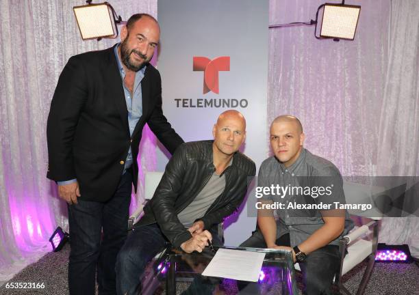 Alejandro Rincon, Laurence Drillich and Juan Diego Medina are seen at Telemundo Studios where Nicky Jam announced that Telemundo would be airing...