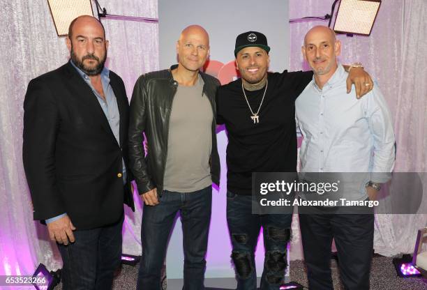 Boomdog CEO Alejandro Rincon, President of Endemol Shine Latino Laurence Drillich, Nicky Jam and Telemundo President Luis Silberwasser are seen at...