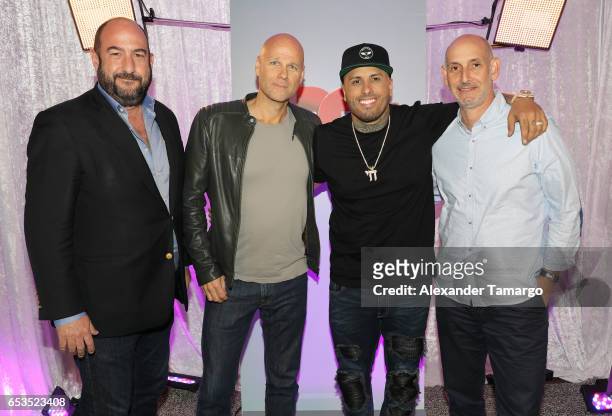 Boomdog CEO Alejandro Rincon, President of Endemol Shine Latino Laurence Drillich, Nicky Jam and Telemundo President Luis Silberwasser are seen at...