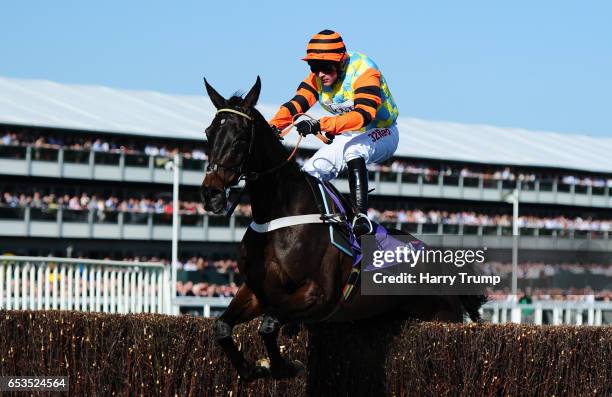 Might Bite ridden by Nico De Boinville jump the last to win the RSA Novices Steeple Chase during Ladies Day of the Cheltenham Festival at Cheltenham...