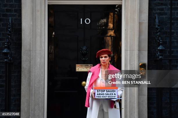 Nicaraguan former actress and human rights advocate Bianca Jagger delivers a petition urging the UK government to halt arms sales to Saudi Arabia and...
