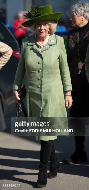 Britain's Camilla, Duchess of Cornwall, attends the second day of the Cheltenham Festival horse racing meeting at Cheltenham Racecourse in...