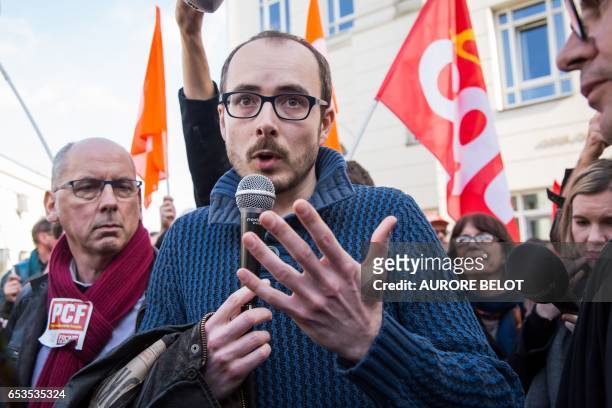 Former PricewaterhouseCoopers employee, Antoine Deltour speaks as he leaves the Luxembourg Court of Appeal on March 15, 2017 in Luxembourg after the...