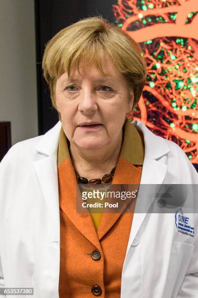German Chancellor Angela Merkel visits the DZNE, the German Center for Neurodegenerative Diseases at the Helmholtz Association on March 15, 2017 in...