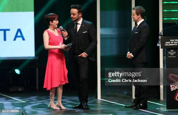 Anthony McPartlin and Declan Donnelly on stage with the winner of the Delta Airlines Rising Star Award Lisa Case during the Prince's Trust Celebrate...