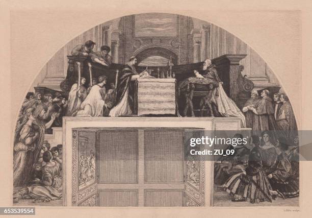 stockillustraties, clipart, cartoons en iconen met massa in bolsena, geschilderd (1512) door raphael, vaticaan, gepubliceerd 1884 - apostolic palace