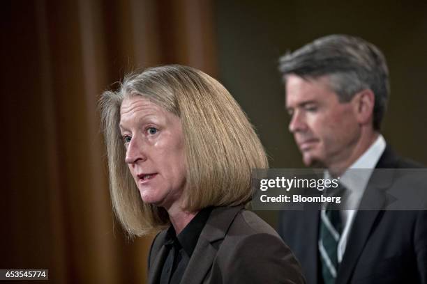 Mary McCord, acting U.S. Assistant attorney general for national security, speaks as Brian Stretch, U.S. Attorney for the northern district of...