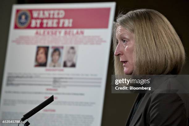 Mary McCord, acting U.S. Assistant attorney general for national security, speaks during a news conference at the Department of Justice in...