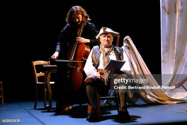 Violoncellist Anne Causse and actor Claude Brasseur perform in "L'indigent Philosophe ou la pilosophie de la joie" at Theatre de L'Atelier on...