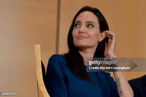 Special Envoy Angelina Jolie speaks at the annual lecture of the Sergio Vieira De Mello Foundation held at the United Nations Office at Geneva on...