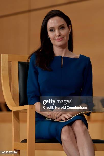 Special Envoy Angelina Jolie speaks at the annual lecture of the Sergio Vieira De Mello Foundation held at the United Nations Office at Geneva on...