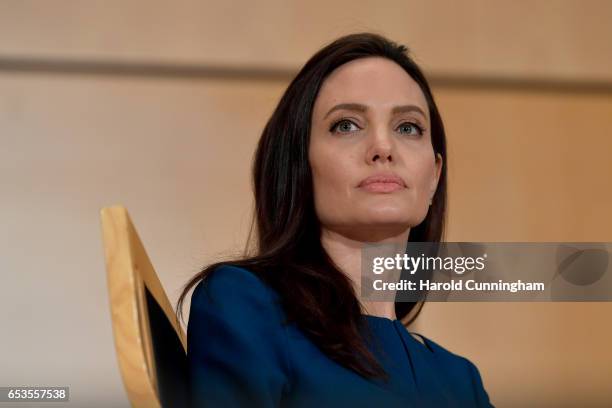 Special Envoy Angelina Jolie speaks at the annual lecture of the Sergio Vieira De Mello Foundation held at the United Nations Office at Geneva on...