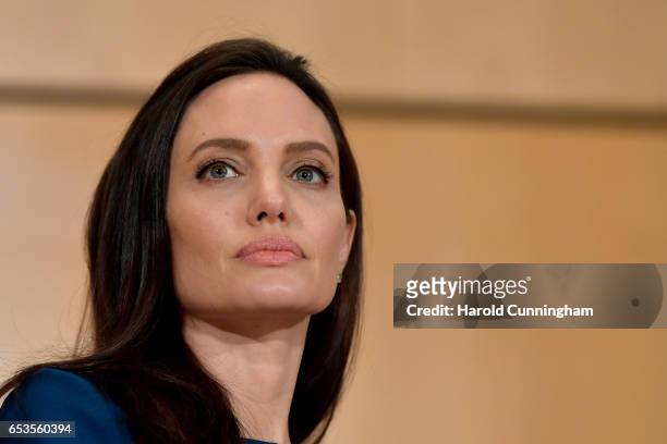 Special Envoy Angelina Jolie speaks at the annual lecture of the Sergio Vieira De Mello Foundation held at the United Nations Office at Geneva on...