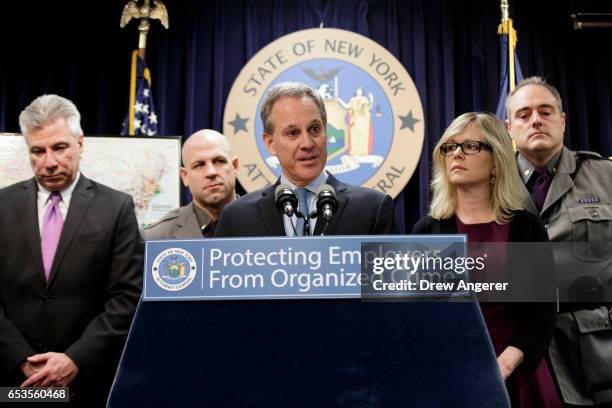 New York state Attorney General Eric Schneiderman speaks during a news conference to announce the take down of a large organized crime ring, March...