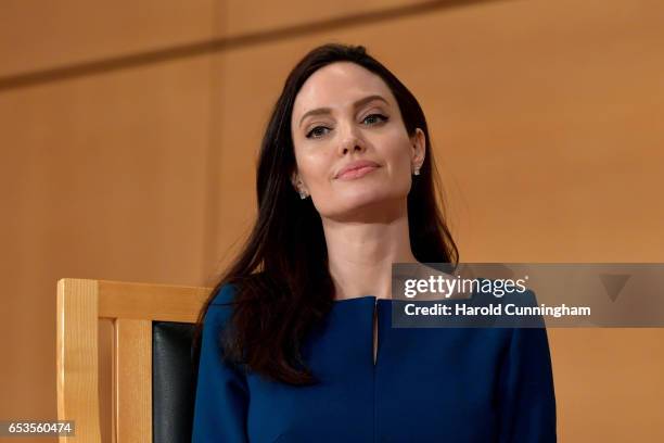 Special Envoy Angelina Jolie speaks at the annual lecture of the Sergio Vieira De Mello Foundation held at the United Nations Office at Geneva on...